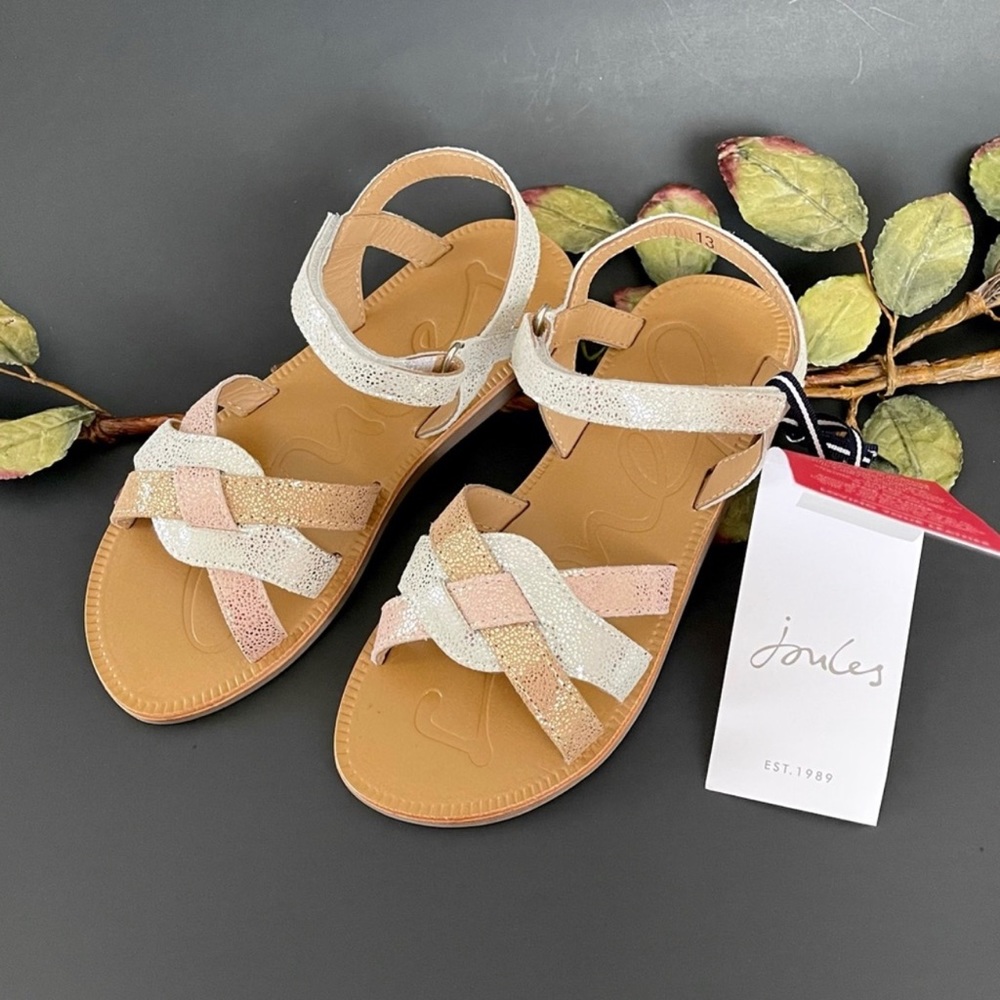 Joules Girls Cala Crossover Silver/Gold Sparkle Leather Sandals NWT Size 10